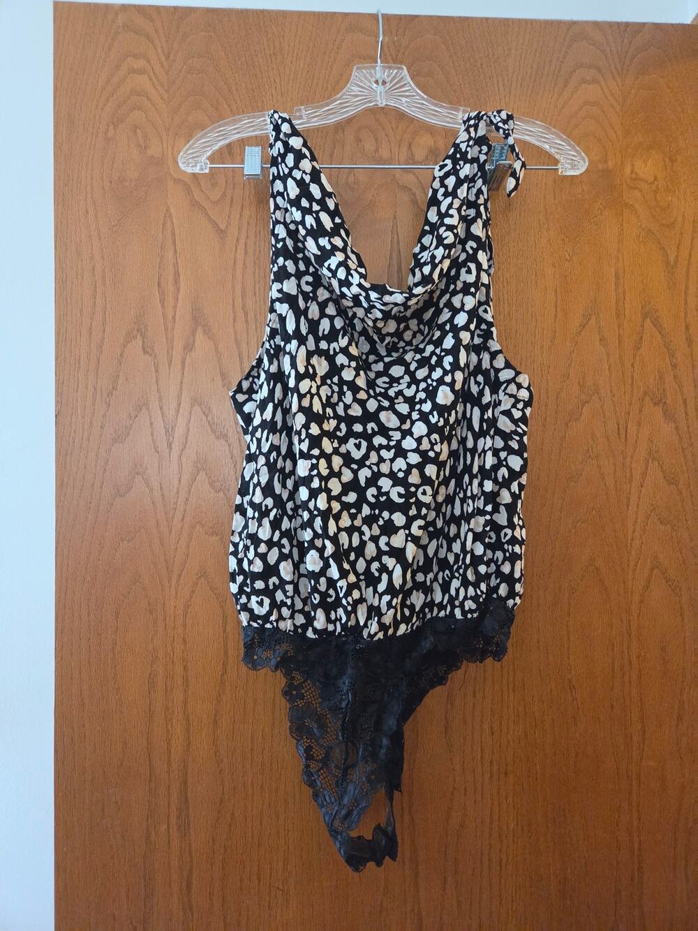 Free People Black White Leopard Animal Print Bare it All Lace Body Suit NWOT L